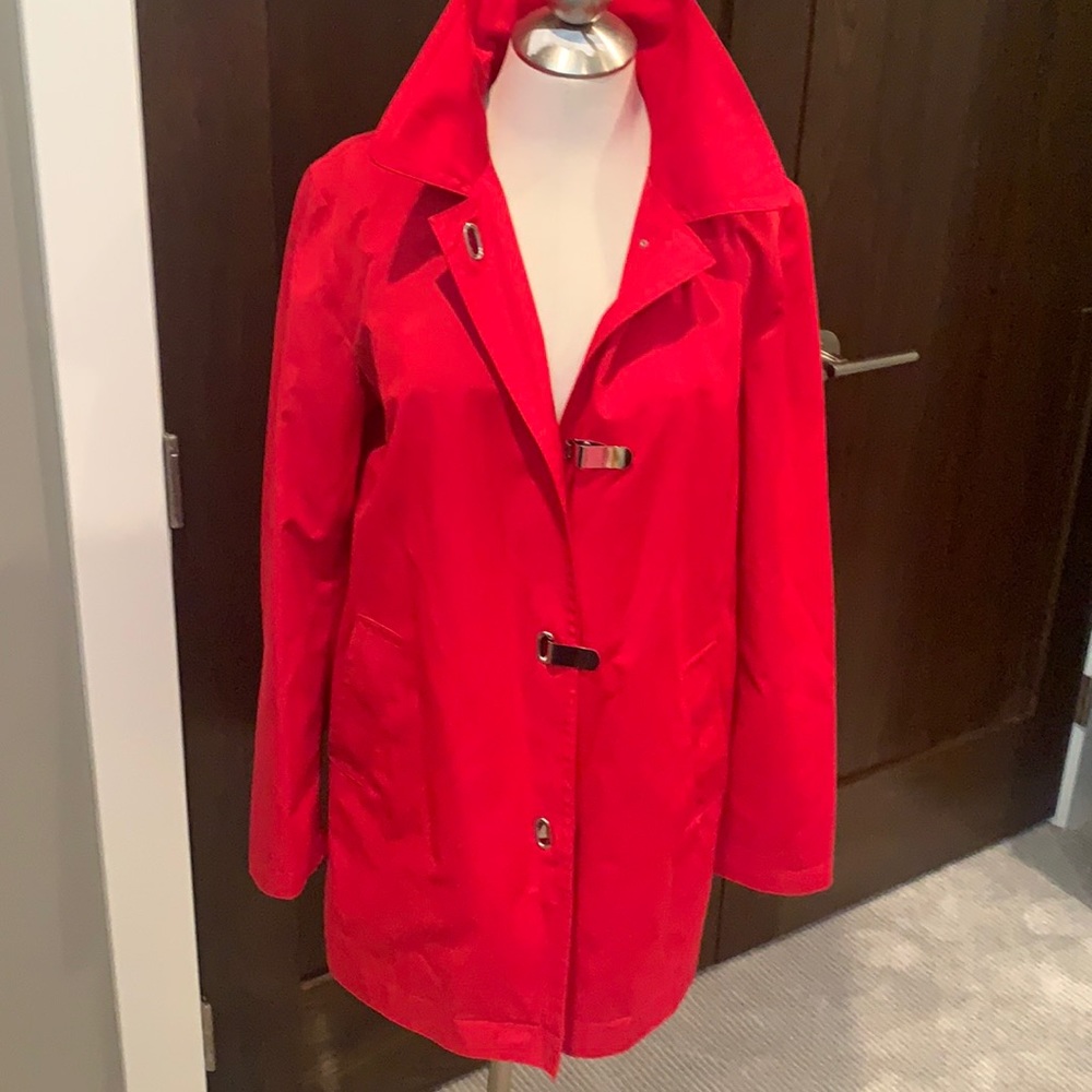 Red Michael Kors hooded rain trench jacket